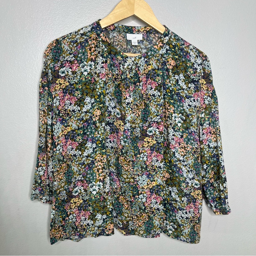 J Jill Floral Soft Rayon Blouse Quarter Sleeve Feminine Spring Autumn - M Petite